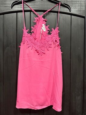 MACARON Fuchsia Lace-Applique Satin Camisole
